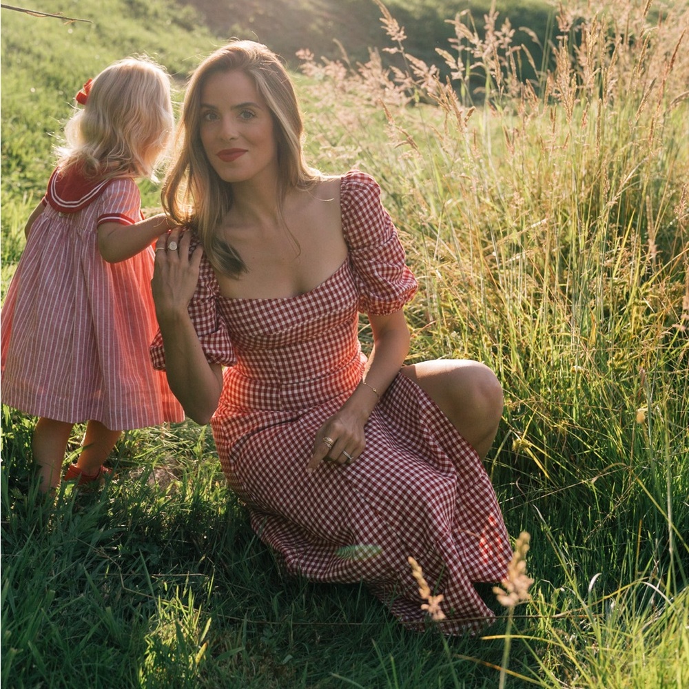 REFORMATION Red Gingham Check Puff Sleeve Cottagecore Linen Belgium Midi Dress - Picture 7 of 16